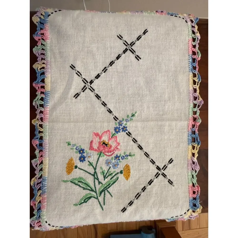 Vintage Embroidered‎ Linen Doily Pastel Crochet Lace Floral